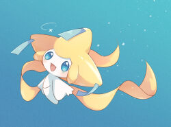  1girl :d appyon_(archangel_ayp) blue_background blue_eyes commentary_request full_body jirachi looking_at_viewer no_humans open_mouth pokemon pokemon_(creature) smile solo 