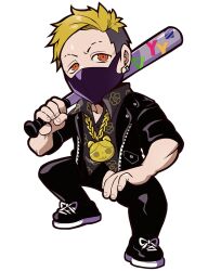  1boy animal_ornament anime_coloring baseball_bat black_dress black_leggings black_sleeve_cuffs black_sleeves blonde_hair blue_mask buttons chain chain_necklace collarbone collared_shirt covered_mouth crazy_raccoon dress dress_shirt earrings eyebrow_cut facing_viewer fingerless_gloves fingernails floral_print_shirt full_body gloves gold_chain gold_necklace gradient_mask grey_hair grey_shirt hand_on_own_thigh holding holding_baseball_bat jewelry laces leather leather_pants leggings looking_at_viewer male_focus mask metal_baseball_bat mouth_mask necklace official_art orange_eyes pants pocket puppeteer7777 sanpaku second-party_source shirt shoes silver_earrings sleeve_cuffs sleeves_rolled_up sneakers solo squatting sticker tachi-e thick_lineart three-quarter_sleeves transparent_background undercut wing_collar yy_(crazy_racoon) zipper 