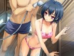  1girl bikini blue_hair game_cg kurosaki navel purple_eyes short_hair shower_head swim_trunks swimsuit tsukuyama_nagisa uezato_ryouhei uhou_renka violet_eyes 