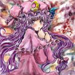  bow crescent dress hair_bow hat long_hair nanashii_(soregasisan) patchouli_knowledge purple_dress purple_eyes purple_hair solo touhou violet_eyes 