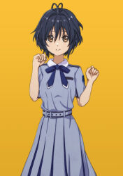  1girl 22/7 belt belt_buckle black_hair blue_belt blue_bow blue_bowtie blue_dress boku_wa_sonzai_shiteinakatta bow bowtie brown_eyes buckle closed_mouth collared_dress dress emblem feet_out_of_frame hair_between_eyes hands_up li@_(rikku04) long_dress looking_at_viewer pleated_dress short_hair short_sleeves simple_background smile solo standing straight-on takigawa_miu yellow_background 