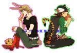  2boys animal_ears barnaby_brooks_jr blonde_hair boned_meat boots brown_eyes brown_hair bunny bunny_ears bunny_tail cabbie_hat carrot cub eating facial_hair food glasses green_eyes hat jewelry kaburagi_t_kotetsu kemonomimi_mode konami3521 meat multiple_boys necklace outline rabbit stubble t-shirt tail tiger tiger_&amp;_bunny tiger_ears tiger_tail vest waistcoat 