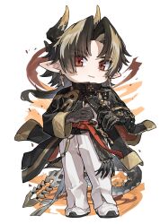  1boy arknights arm_armor arm_guards armor black_coat black_gloves black_hair black_hands black_horns black_sash black_tail blonde_hair chibi chongyue_(arknights) coat colored_extremities colored_skin curtained_hair dragon_boy earrings eastern_dragon_horns eastern_dragon_tail full_body gloves gold_earrings high_collar horns jewelry kokukyukeo long_bangs long_sleeves male_focus multicolored_coat multicolored_hair multicolored_horns open_clothes open_coat orange_coat pants parted_bangs red_eyes red_sash sash shoes short_hair_with_long_locks shoulder_armor sleeve_zipper smile sneakers solo standing tail tail_ornament tassel two-sided_coat two-sided_fabric two-tone_hair two-tone_horns white_background white_pants white_shoes yellow_coat yellow_horns 