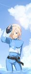  alternate_color androgynous ash_crimson belt blonde_hair blue blue_eyes cloud fingerless_gloves freckles gloves hairband king_of_fighters kosumo male nail_polish ocean open_mouth short_hair sky sleeves_past_wrist sleeves_past_wrists smile snk solo wading 