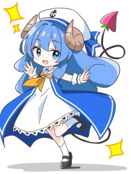  1girl :d alternate_color alternate_costume black_shoes blue_dress blue_eyes blue_hair blush commentary_request dot_nose dress full_body hat highres kotatsu-mazoku long_hair looking_at_viewer machikado_mazoku mary_janes neckerchief open_mouth sailor_collar sailor_dress shoes sidelocks simple_background sleeveless sleeveless_dress smile socks solo sparkle standing standing_on_one_leg white_background white_hat white_sailor_collar white_socks wrist_cuffs yellow_neckerchief 