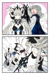  1girl 2boys black_bow black_hair black_tiara blush bow braid closed_eyes dragonfly_wings fate/grand_order fate_(series) fujimaru_ritsuka_(male) fur_trim grey_hair hair_between_eyes hair_bow half_up_braid highres holding holding_polearm holding_weapon long_hair looking_at_viewer morgan_le_fay_(fate) morgan_le_fay_(third_ascension)_(fate) multiple_boys oberon_(fate) oberon_(third_ascension)_(fate) open_mouth polearm ponytail ryousuke_(tukr5384) short_hair smile spikes tiara very_long_hair weapon white_hair 