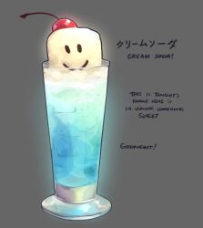  absurdres character-themed_food cherry commentary cream_soda_(soda) cup drinking_glass english_commentary english_text food food_focus fruit glowing grey_background highres himochuu ice ice_cream ice_cream_float ice_cube no_humans painterly roblox simple_background smile 