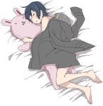  1girl androgynous bad_id barefoot blue_hair closed_eyes eyes_closed jacket legs moroheso persona persona_4 reverse_trap school_uniform shirogane_naoto short_hair sleeping solo stuffed_animal stuffed_toy 