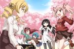  akemi_homura akou_roushi alternate_costume argyle black_eyes black_hair blonde_hair blue_eyes blue_hair bow cherry_blossoms dango drill_hair everyone food hair_bow hair_ribbon hairband kaname_madoka kyubey long_hair mahou_shoujo_madoka_magica miki_sayaka multiple_girls pantyhose petals pink_eyes pink_hair ponytail red_eyes red_hair redhead ribbed_sweater ribbon sakura_kyouko smile sweater tomoe_mami twin_drills wagashi yellow_eyes 