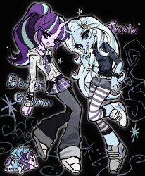  2girls :d aqua_hair baggy_pants belt black_background black_belt black_jacket black_shirt blue_hair blue_nails blue_skin bracelet breasts character_name colored_skin commentary_request curly_hair denim denim_skirt dot_nose finger_to_own_chin full_body grey_pants grey_skirt hair_ornament halftone hand_on_own_hip hand_up head_tilt high_ponytail highres hood hood_down hooded_jacket horns jacket jewelry korean_commentary leggings long_hair long_sleeves miniskirt multicolored_hair multiple_girls my_little_pony my_little_pony:_equestria_girls my_little_pony:_friendship_is_magic nail_polish necktie o-ring o-ring_belt open_mouth outline pants partially_unzipped plaid_clothes plaid_skirt pleated_skirt polka_dot_necktie ponytail purple_hair purple_leggings purple_nails purple_necktie shirt shoes short-sleeved_jacket short_sleeves simple_background single_horn skirt sleeves_past_wrists small_breasts smile sneakers standing standing_on_one_leg star_(symbol) star_hair_ornament star_print star_symbol_background starlight_glimmer starlight_glimmer_(equestria_girls) streaked_hair striped_leggings studded_belt studded_bracelet tgyten tongue track_jacket trixie_lulamoon trixie_lulamoon_(equestria_girls) tsurime turtleneck turtleneck_jacket two-tone_hair two-tone_leggings two-tone_necktie unicorn unicorn_girl unicorn_horn very_long_hair violet_eyes white_belt white_hair white_jacket white_leggings white_necktie white_outline white_shoes 
