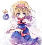  alice_margatroid apron ascot blonde_hair blue_dress blue_eyes bow capelet dress hair_bow hairband itsutsuki jewelry long_sleeves puppet_strings ring sash shanghai_doll short_hair solo touhou wide_sleeves 