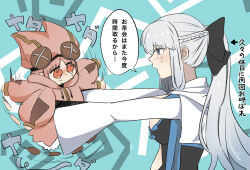  2girls black_bow blue_eyes blush bow braid c4_ble15 fate/grand_order fate_(series) habetrot_(fate) hair_between_eyes hair_bow half_up_braid highres long_hair long_sleeves morgan_le_fay_(fate) morgan_le_fay_(second_ascension)_(fate) multiple_girls pink_eyes pink_hair ponytail tears very_long_hair white_hair 