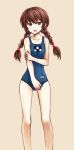 braid brown_eyes brown_hair flat_chest highres madotsuki one-piece_swimsuit pas_(paxiti) school_swimsuit solo swimsuit twin_braids yume_nikki 