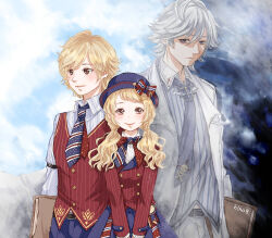  1girl 2boys belt belt_buckle black_belt blazer blonde_hair blue_bow blue_bowtie blue_hat blue_necktie blue_pants blue_skirt blue_sky bow bowler_hat bowtie brother_and_sister brown_eyes buckle buttons closed_mouth clothing_cutout clouds collared_jacket collared_shirt commentary_request darkness day doctor double-breasted dress dress_pants dual_persona expressionless grey_hair grey_pants grey_raven grey_shirt hair_over_shoulder hair_tie hands_on_lap happy hat hat_bow height_difference hino_(8) holding_binder jacket lab_coat lapels layered_dress lips long_hair long_sleeves looking_ahead looking_at_viewer low_twintails miracle_nikki morrison_(miracle_nikki) multiple_boys necktie nikki_(series) notched_lapels outdoors pants pinstripe_hat pinstripe_pattern pinstripe_shirt polka_dot polka_dot_bow polka_dot_bowtie polka_dot_necktie red_bow red_bowtie red_jacket school_uniform shirt siblings single_stripe skirt skull_and_crossbones sky sleeve_cuffs smile standing stomach_cutout striped_bow striped_bowtie striped_clothes striped_necktie striped_skirt swept_bangs tie_clip twintails two-tone_bow two-tone_bowtie unfinished_promise_(miracle_nikki) wavy_hair white_shirt 