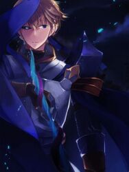  1boy armor black_sclera blonde_hair blue_background blue_eyes breastplate closed_mouth clouds colored_sclera commentary_request expressionless gauntlets grey_eyes heterochromia looking_at_viewer magic male_focus mismatched_sclera official_alternate_costume pauldrons ragnarok_online royal_guard_(ragnarok_online) short_hair shoulder_armor solo upper_body wane_(ruki) 