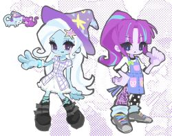  2girls :&lt; :3 animal animalization anklet apron arm_at_side back-to-back black_boots black_socks blue_apron blue_eyes blue_hair blue_skin blunt_bangs blush_stickers boots bracelet breasts buttons cat colored_skin curly_hair deformed denim denim_apron flat_chest frilled_skirt frills full_body green_socks grey_shoes hair_ornament halftone halftone_background hand_on_own_hip hat high_ponytail highres jewelry kneehighs legs_apart long_hair looking_at_viewer medium_skirt multicolored_hair multiple_girls my_little_pony my_little_pony:_equestria_girls my_little_pony:_friendship_is_magic person_and_animalization plaid_clothes plaid_shirt platform_boots pointing pointing_at_self pointing_with_thumb ponytail puffy_short_sleeves puffy_sleeves purple_hair purple_hat purple_shirt purple_skin raised_eyebrow recursive_animalization shirt shoelaces shoes short_sleeves simple_background single_blush_sticker skirt small_breasts socks standing star_(symbol) star_hair_ornament star_print starlight_glimmer starlight_glimmer_(equestria_girls) streaked_hair tgyten three-quarter_sleeves trixie_lulamoon trixie_lulamoon_(equestria_girls) two-tone_hair two-tone_shirt two-tone_socks v very_long_hair violet_eyes white_background white_hair white_shirt white_skirt wizard_hat zoom_layer 