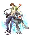  1boy brown_eyes brown_hair crossover electricity facial_hair highres holding holding_poke_ball kaburagi_t_kotetsu luxray male necktie poke_ball pokemon pokemon_(creature) pokemon_(game) pokemon_dppt red_sclera short_hair simple_background stubble tiger_&amp;_bunny vest waistcoat white_background yellow_eyes yui_(kari) 