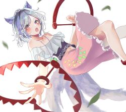  1girl animal_ears bare_shoulders bear_trap blush commentary_request dog_ears dog_girl dog_tail extra_tails fang frilled_skirt frills grey_hair hegata_(hegatia_lapis) highres jewelry leaf looking_at_viewer mitsugashira_enoko off-shoulder_shirt off_shoulder open_mouth pendant pink_skirt purple_hair purple_shirt rainbow_print red_eyes shirt short_hair simple_background skin_fang skirt solo tail touhou white_background 