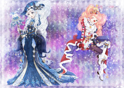  2girls argyle_background argyle_clothes argyle_dress aria_of_night_(miracle_nikki) asymmetrical_legwear back_bow black_lips blue_bow blue_bowtie blue_brooch blue_dress blue_hat blue_mask blue_pantyhose blunt_bangs boots bow bowtie brooch brown_eyes brown_pantyhose card cat_mask closed_mouth clown clown_nose commentary_request crossed_legs crown diamond_print dress eyelashes facepaint facial_tattoo frilled_headwear full_body fur-trimmed_dress fur_trim gold_crown grey_eyes happy hat head_tilt high_heel_boots high_heels hino_(8) holding holding_wand invisible_chair jewelry joker_(playing_card) joker_and_magic_card_(miracle_nikki) knee_boots knee_up light_particles lipstick long_dress long_sleeves makeup mask mask_on_head mini_crown miracle_nikki mismatched_legwear multicolored_hair multiple_girls neck_ruff nikki_(series) one_eye_closed open_mouth orange_hair pantyhose partial_commentary playing_card purple_background red_dress sitting smile standing star_(symbol) star_brooch star_print star_tattoo streaked_hair striped_clothes striped_dress tattoo teardrop_tattoo twintails vertical-striped_clothes vertical-striped_dress wand white_boots 