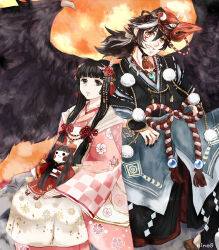  1boy 1girl apron bell bird bird_hair_ornament bird_mask bird_wings black_hair black_hakama black_hat black_kimono black_nails black_socks black_wings blunt_bangs bow bracer brown_hair brown_sandals checkered_sleeves cherry_blossom_print clouds commentary crane_(animal) doll eyelashes fang feathered_wings feet_out_of_frame floral_print geta grey_eyes grin hair_between_eyes hair_bow hair_ornament hakama hakama_pants hat hino_(8) holding holding_doll japanese_clothes kimono long_hair long_sidelocks long_sleeves looking_at_another low-tied_sidelocks low_ponytail marking_on_cheek mask mask_on_head miracle_nikki multicolored_hair nail_polish neck_bell neck_tassel nikki_(series) on_rock orange_sky outdoors pants parted_lips pink_kimono pointy_nose ponytail red_bow red_mask sandals sidelocks sitting sky sleeves_past_wrists smile socks spread_wings standing stirrup_legwear streaked_hair sunset tassel tassel_hair_ornament tengu tengu_(miracle_nikki) toeless_legwear tokin_hat very_long_hair white_apron wide_sleeves wings yellow_eyes yukata zashiki_(miracle_nikki) 