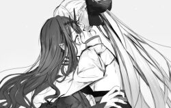  2girls ameshiki baobhan_sith_(fate) baobhan_sith_(first_ascension)_(fate) black_bow bow braid fate/grand_order fate_(series) hair_between_eyes hair_bow half_up_braid hug long_hair long_sleeves monochrome morgan_le_fay_(fate) morgan_le_fay_(first_ascension)_(fate) mother_and_daughter multiple_girls pointy_ears ponytail simple_background tears very_long_hair 