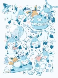  balloon blue_background blue_theme blueberry blush cherry commentary_request cup diamond_(shape) drinking_glass eevee flower food fruit glaceon highres ice macaron no_humans pokemon pokemon_(creature) popsicle ribbon simple_background temariame14 twitter_username 