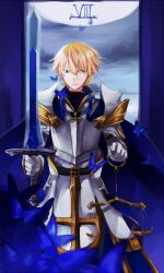  1boy armor blonde_hair blue_cape blue_eyes breastplate cape closed_mouth cowboy_shot expressionless faulds gauntlets hair_between_eyes holding holding_scale holding_sword holding_weapon justice_(tarot) male_focus official_alternate_costume pauldrons ragnarok_online roman_numeral royal_guard_(ragnarok_online) short_hair shoulder_armor solo sword tarot wane_(ruki) weapon weighing_scale 