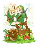  ar_(rikuesuto) belt blonde_hair blue_eyes bunny_ears fairy gloves hat highres link male navi nintendo ocarina_of_time pointy_ears shield smile sword the_legend_of_zelda time_paradox weapon young_link 
