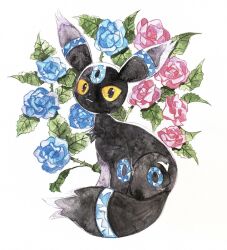  alternate_color black_eyes blue_flower closed_mouth colored_sclera flower highres looking_at_viewer merino_(merino_9999) no_humans painting_(medium) pink_flower pokemon pokemon_(creature) pokemon_focus shiny_pokemon sitting smile traditional_media umbreon white_background yellow_sclera 