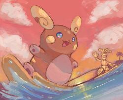  alolan_raichu blue_eyes clouds dietranch full_body gholdengo no_humans ocean open_mouth outdoors pink_sky pokemon pokemon_(creature) pokemon_focus sky smile sunset surfboard surfing water waving 