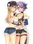  armlet ass bare_shoulders blonde_hair breasts butterfly_hair_ornament cleavage cutoffs denim denim_shorts detached_sleeves elf erect_nipples fingerless_gloves fur_trim gloves hair_ornament hand_holding hat head_wings holding_hands interlocked_fingers large_breasts long_hair looking_at_viewer looking_back pointy_ears purple_hair ragnarok_online red_eyes short_hair short_shorts shorts simple_background smile stalker tank_top uzuki_kouta vambraces white_background whitesmith 