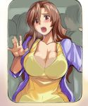  against_glass blush breast_press breasts breasts_on_glass brown_eyes brown_hair cleavage curvy interlude large_breasts long_hair marufuji_izumi open_mouth rozenweapon tank_top 