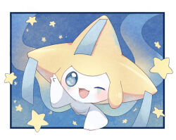  1other appyon_(archangel_ayp) border closed_eyes colored_skin commentary_request jirachi open_mouth other_focus pokemon pokemon_(creature) star_(symbol) third_eye third_eye_on_chest white_border white_skin 