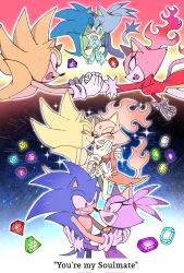  1boy 1girl animal_ears blaze_the_cat blush burning burning_blaze cat_ears cat_girl cat_tail chaos_emerald fang furry furry_female furry_male highres holding_hands jacket multiple_views open_mouth pink_fur purple_jacket red_jacket smile sol_emerald sonic_(series) sonic_rush sonic_the_hedgehog super_sonic tail yellow_eyes yellow_fur yeonwu08 