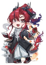  1boy :3 :d arknights baggy_pants black_coat black_horns black_shoes black_streaks black_tail bowl bracelet chibi chopsticks coat collar colored_extremities colored_skin colored_tips cross-laced_shoes crossed_bangs curtained_hair dragon_boy earrings eastern_dragon_horns eastern_dragon_tail fang fire flame-tipped_tail full_body grey_collar grey_eyes grey_horns grey_tail high_ponytail holding holding_bowl holding_chopsticks horns jewelry kokukyukeo lantern long_sidelocks looking_at_viewer male_focus multicolored_eyes multicolored_hair multicolored_horns multicolored_shoes multicolored_tail open_mouth pants paper_lantern parted_bangs pearl_bracelet pointy_ears ponytail purple_hair red_eyes red_hair red_hands red_shoes red_tail shoes sidelocks single_earring sky_lantern sleeve_zipper slit_pupils smile sneakers solo standing tail three-quarter_sleeves two-tone_eyes two-tone_horns two-tone_shoes white_background white_pants wide_sleeves yu_(arknights) 