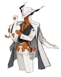  1other animal bird black_shirt coat coat_on_shoulders cropped_legs fahsan_(fah09838) gloves goose group_leader_(xinyue_tongxing) hat highres holding holding_animal orange_gloves pants shirt smoke solo upper_body white_background white_coat white_hat white_pants white_sleeves xinyue_tongxing 