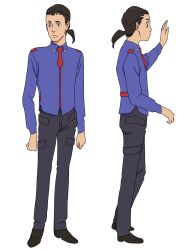  2boys anime_coloring blue_shirt brown_eyes brown_hair brown_shoes chikyuugai_shounen_shoujo clenched_hands closed_mouth dress_shoes from_side full_body grey_pants hand_up highres jonson_(chikyuugai) long_sleeves looking_to_the_side low_ponytail medium_hair multiple_boys multiple_views necktie official_art open_hand pants ponytail profile red_necktie shirt shoes simple_background standing transparent_background untucked_shirt yoshida_ken&#039;ichi 