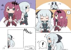  2girls amagi_o_o baobhan_sith_(fate) baobhan_sith_(first_ascension)_(fate) black_bow blue_eyes blush bow braid closed_eyes fate/grand_order fate_(series) green_eyes hair_between_eyes hair_bow half_up_braid highres long_hair long_sleeves morgan_le_fay_(fate) morgan_le_fay_(first_ascension)_(fate) mother_and_daughter multiple_girls pink_hair pointy_ears ponytail smile very_long_hair white_hair 