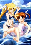  absurdres afloat arm_up barefoot beach bikini blonde_hair blue_eyes brown_hair cloud fate_testarossa feet fisheye frilled_bikini frills hashimoto_takayoshi highres innertube legs long_hair lyrical_nanoha mahou_shoujo_lyrical_nanoha mahou_shoujo_lyrical_nanoha_a&#039;s mahou_shoujo_lyrical_nanoha_a's mahou_shoujo_lyrical_nanoha_the_movie_2nd mahou_shoujo_lyrical_nanoha_the_movie_2nd_a's megami multiple_girls ocean official_art one-piece_swimsuit open_mouth purple_eyes red_eyes ribbon scan short_twintails side_ponytail sky smile soles swimsuit takamachi_nanoha twintails very_long_hair violet_eyes wading water white_swimsuit wink 