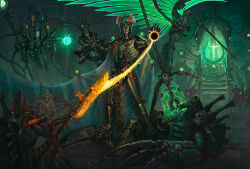  6+others absurdres casting_spell energy energy_ball energy_weapon energy_wings highres holding holding_polearm holding_scythe holding_weapon humanoid_robot implied_after_fight indoors kheljay looking_at_viewer magic multiple_others necron non-humanoid_robot polearm robot scythe warhammer_40k weapon 