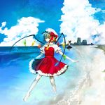 barefoot beach blonde_hair bow cloud crystal dress feet_in_water flandre_scarlet hat hat_bow kirisame_marisa kodatino multiple_girls red_eyes sky soaking_feet solo the_embodiment_of_scarlet_devil touhou wading water wings witch witch_hat 
