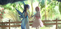  1boy 1girl bare_shoulders blue_butterfly blue_dress blue_eyes blue_hair blue_wings blue_wrist_cuffs braid brown_eyes bug butterfly butterfly_hair_ornament butterfly_wings choker closed_mouth collarbone cowboy_shot crossdressing crossdressing_(mtf) dew_drop dress evangelos_(shining_nikki) eyelashes fence flower forest frilled_dress frills hair_ornament half_updo highres holding_hands insect_wings kohanai_setsuna light_particles lightweaving_kiss_(shining_nikki) lipstick long_dress long_hair makeup nature nephiliet nikki_(series) outdoors outstretched_hand parted_lips pink_dress pink_hair red_flower sapphire_dreaming_(shining_nikki) see-through_clothes see-through_veil shining_nikki short_dress short_hair side_slit silk single_braid sleeveless sleeveless_dress smile spider_web standing strapless strapless_dress studded_choker tree veil very_long_hair water_drop white_choker white_veil wings wrist_cuffs 