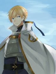  1boy armor blonde_hair blue_background blue_eyes blue_shirt breastplate cape closed_mouth commentary_request expressionless looking_at_viewer male_focus official_alternate_costume ragnarok_online royal_guard_(ragnarok_online) shirt short_hair solo upper_body wane_(ruki) white_cape 