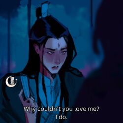  1boy artist_logo bindi biting_own_lip black_hair blush byebainight chinese_clothes crescent curtained_hair english_text facial_mark folded_fan folding_fan forehead_mark furrowed_brow green_hanfu hair_bun half_updo hand_fan hanfu highres holding holding_fan kpop_demon_hunters logo long_hair luo_binghe male_focus night nose_blush out_of_frame parted_bangs renzha_fanpai_zijiu_xitong scene_reference shadow shen_qingqiu silhouette single_hair_bun sparkle straight_hair v-shaped_eyebrows widow's_peak xiao_guan_(headdress) 