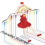  ascot blonde_hair character_name dress error flandre_scarlet hand_on_own_head hat hat_ribbon kahasina kawashina_(momen_silicon) red_eyes ribbon side_ponytail simple_background solo the_embodiment_of_scarlet_devil touhou typo white_background wings 