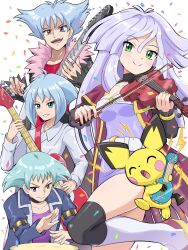 1girl 3boys absurdres billy_(pokemon_ranger) blue_eyes blue_hair blush clyde_(pokemon_ranger) garret_(pokemon) go-rock_squad highres long_hair long_sleeves looking_at_viewer multiple_boys open_mouth pichu pokemoa pokemon pokemon_ranger_(series) purple_hair short_hair siblings simple_background smile standing tiffany_(pokemon) ukulele_pichu