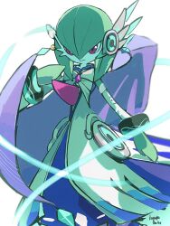  1girl artist_name bob_cut colored_skin detached_sleeves dress gardevoir gardevoir_(songstress) green_hair green_skin highres kaguya_hobby multicolored_skin pink_eyes pokemon pokemon_(creature) pokemon_unite simple_background smile two-tone_skin white_background white_dress white_skin 