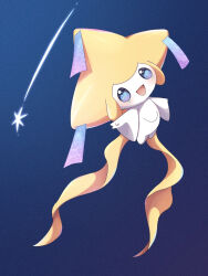 appyon_(archangel_ayp) blue_background blue_eyes commentary_request full_body highres jirachi looking_at_viewer no_humans open_mouth pokemon pokemon_(creature) pokemon_focus shooting_star smile solo 