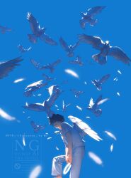  1boy animal bird black_hair blue_sky commentary_request day feathers halo highres holding_halo male_focus original outdoors pants rido_(ridograph) shirt short_hair sky solo watermark web_address white_feathers white_halo white_pants white_shirt white_wings wings 