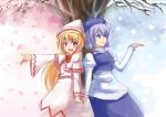  apron arm_up blonde_hair blue_eyes capelet cherry_blossoms dress hand_holding hat holding_hands leaning_back letty_whiterock lily_white long_hair multiple_girls open_mouth petals pink_dress purple_hair season_connection shirt short_hair skirt smile snow snowing spring_(season) touhou tree vest winter yuki_shizuku 